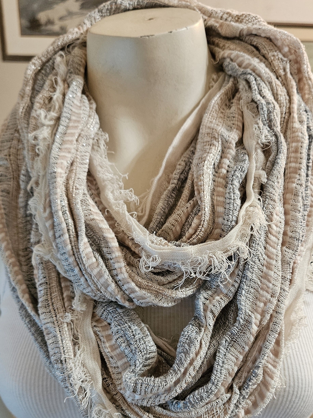 Simply Noelle Neutral Frayed Infinity Scarf in Beige, Cream & Sage